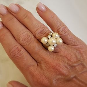Lia Sophia faux pearl and rhinestone ring